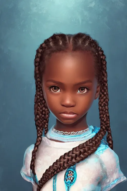 Prompt: stunning portrait of one cute little african girl with a beautiful braid and dreamy teal eyes, highly detailed clothings and ornaments, smooth, well focused, volumetric soft lighting, artstation HD, 8K