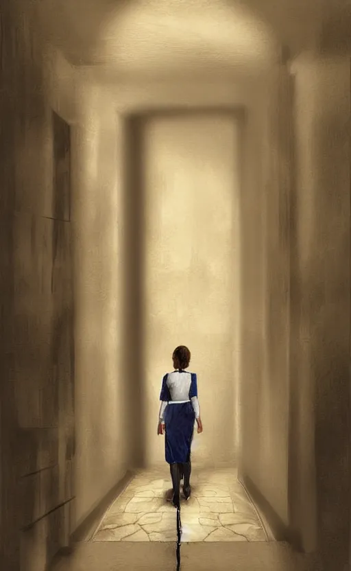 Prompt: servant girl walking in castle hallway, about to enter doorframe, half turned around, full body, realistic, digital painting