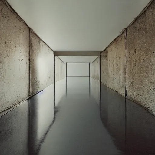 Prompt: Beautiful soft liminal Photograph of an infinite infinite room, water on the floor