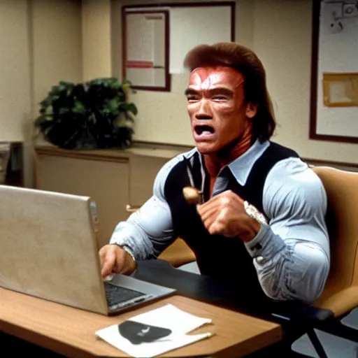 Prompt: arnold schwarzenegger as conan the barbarian sitting at a desk, as an office worker, in an office, inside an office building, sitting at a desk, angrily shouting at a laptop, laptop computer, crisp lighting, corporate photography