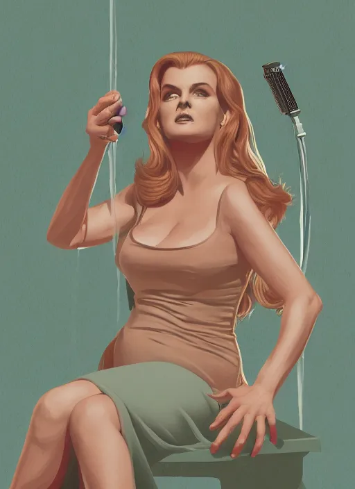 Image similar to Twin Peaks movie poster artwork by Michael Whelan and Tomer Hanuka, Rendering of Ann-Margret singing in the shower, from a scene from Twin Peaks, clean, full of detail, Matte painting, trending on artstation and unreal engine