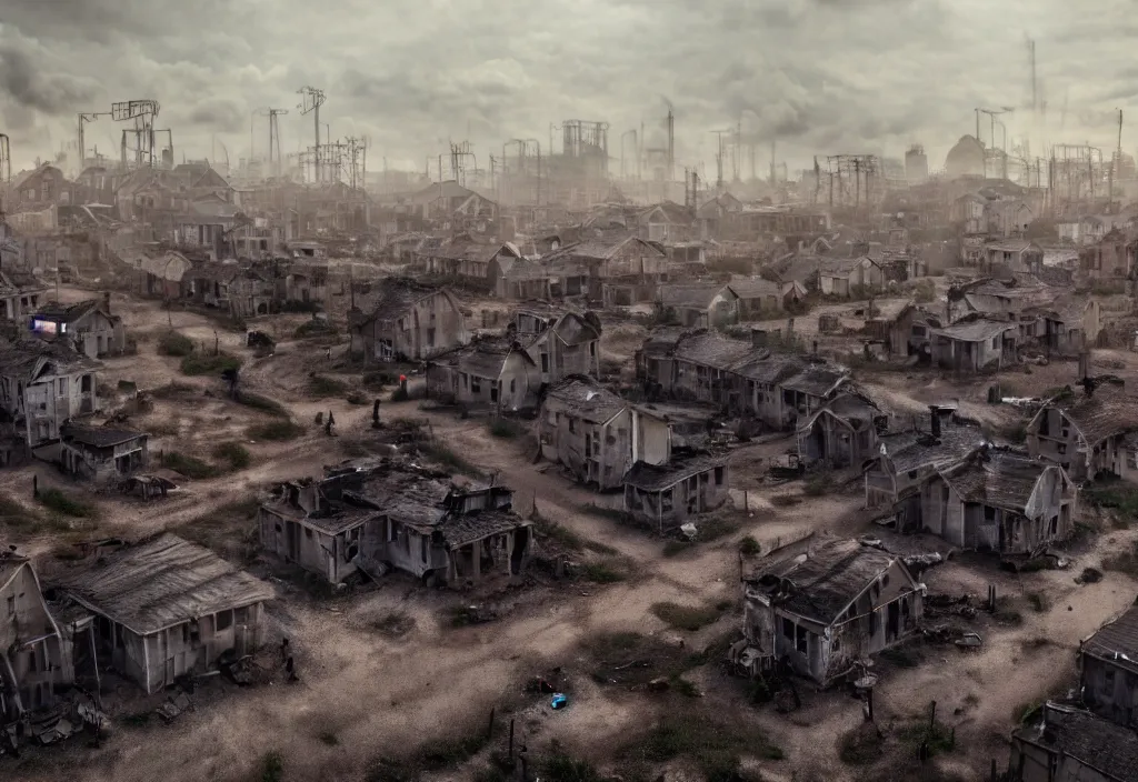 Image similar to dystopian poor village, with decrepit run down houses outside of a much larger town. 8 k, octane render, city in backround, town in foreground, dark, gloomy, sad, polluted