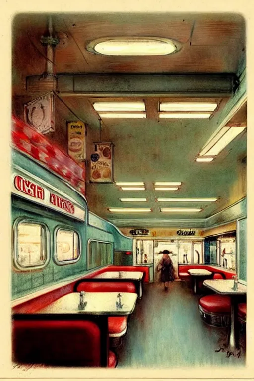 Image similar to ( ( ( ( ( 1 9 5 0 s diner interior. muted colors. ) ) ) ) ) by jean - baptiste monge!!!!!!!!!!!!!!!!!!!!!!!!!!!!!!