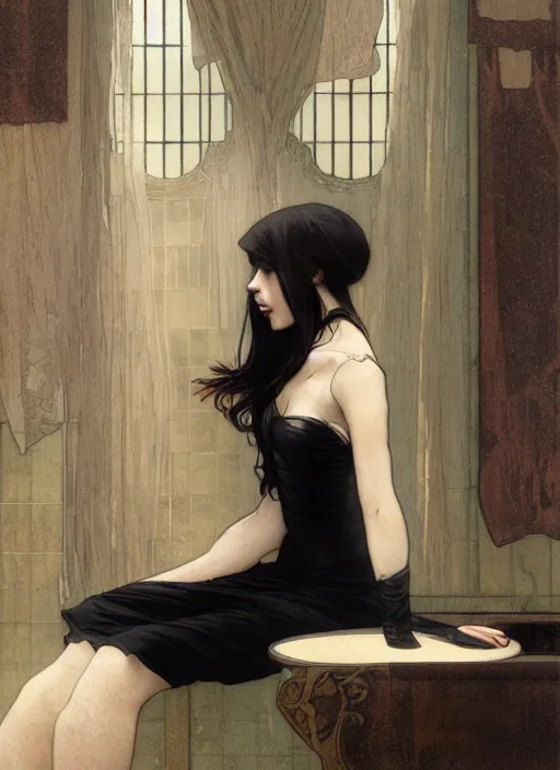 Image similar to a lonely young girl with straight long black hair wearing black dress that sitting on bathroom floor, art by artgem, greg rutkowski and alphonse mucha