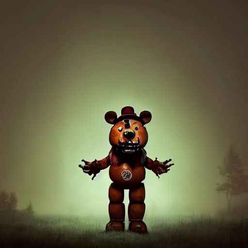 Prompt: a realistic horror photo of Freddy Fazbear by Simon Stalenhag, studio photography, dark grey background, softly backlit, gentle smoke effect.