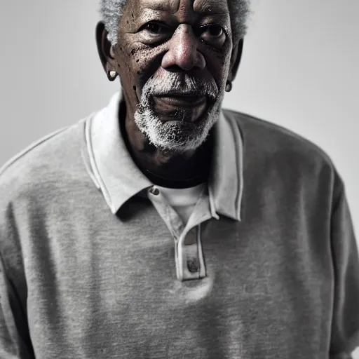 Image similar to a studio photograph of Morgan Freeman dressed like Travis Scott, 40mm lens, shallow depth of field, split lighting