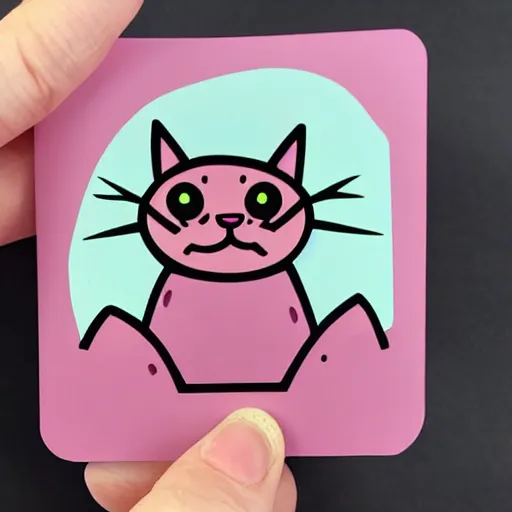 Image similar to sticker of a pink square-bodied cat with thick sharpee eyebrows and a grumpy expression on its face sitting inside a rocket ship