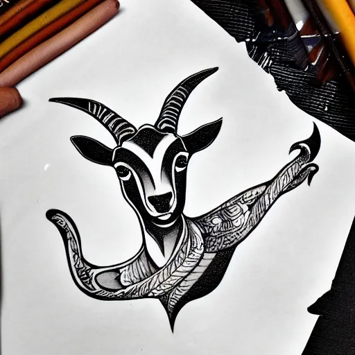 Image similar to a detailed tattoo outline of a !goat! that is !biting a churro!, 4k, illustration, sharp focus