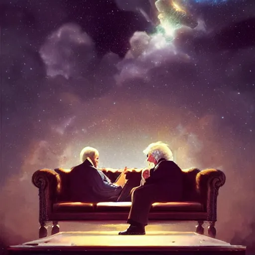 Image similar to einstein and stephen hawking sitting on a pearly couch in heaven, having deep discussions, thoughtful, angels, clouds, very bright lights, pillars, by greg rutkowski, trending on artstation