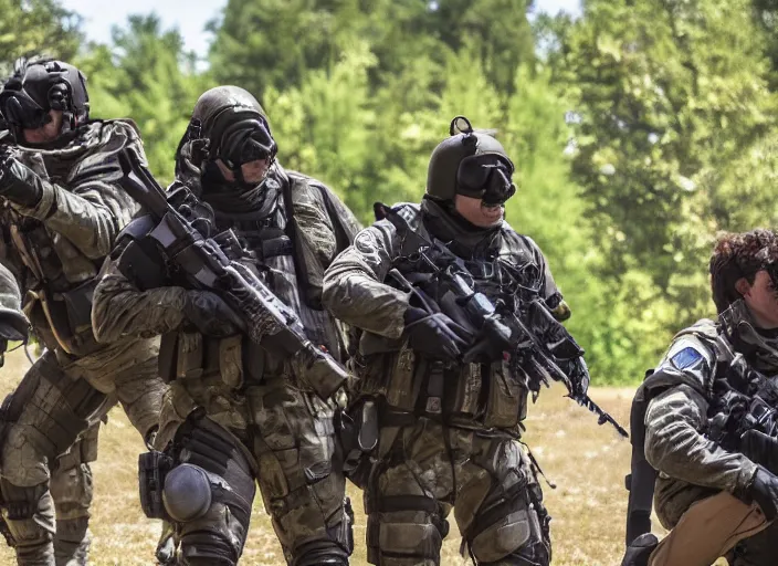 Prompt: the special forces in tactical gear shooting at a furry convention, epic movie shot, cinematic, volumetric lighting