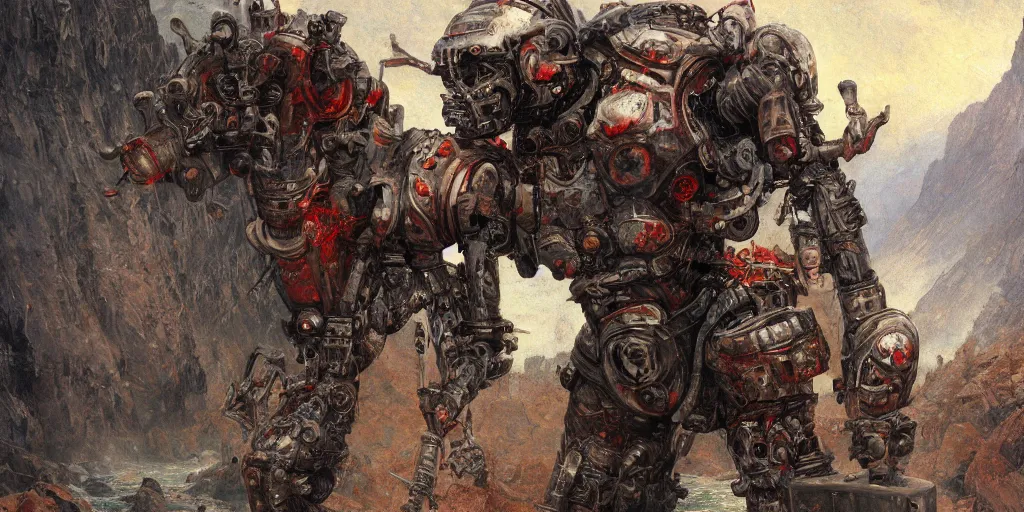 Prompt: full body rusty black steel single titan colossus terminator T-800 red eyed in pacing through valley, crossing the river, mountain valley to smoking fortress afar, with armour, artillery, muscular torso, fine art, cinematic, artstation, matte painting, masterpiece by vasnetsov and surikov, JEAN-VICTOR BERTIN