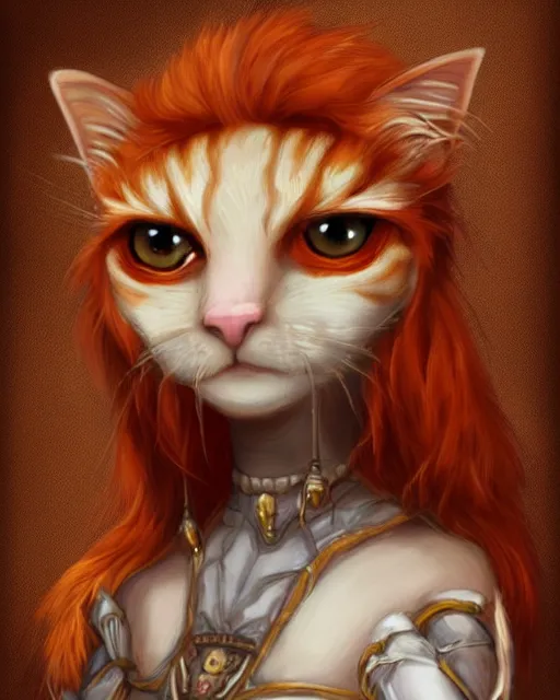 Image similar to High Fantasy whimsical portrait painting of a wise anthropomorphic humanoid ginger cat with big bushy eyebrows, upper body, wearing fantasy formal clothing, wearing fantasy clothing, cgsociety, trending on artstation, dnd