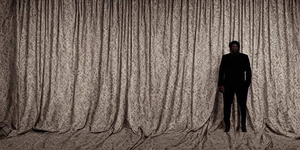 Image similar to photo style of nick fancher, portrait of silhouette of big black man sitting on throne, background made of big curtains