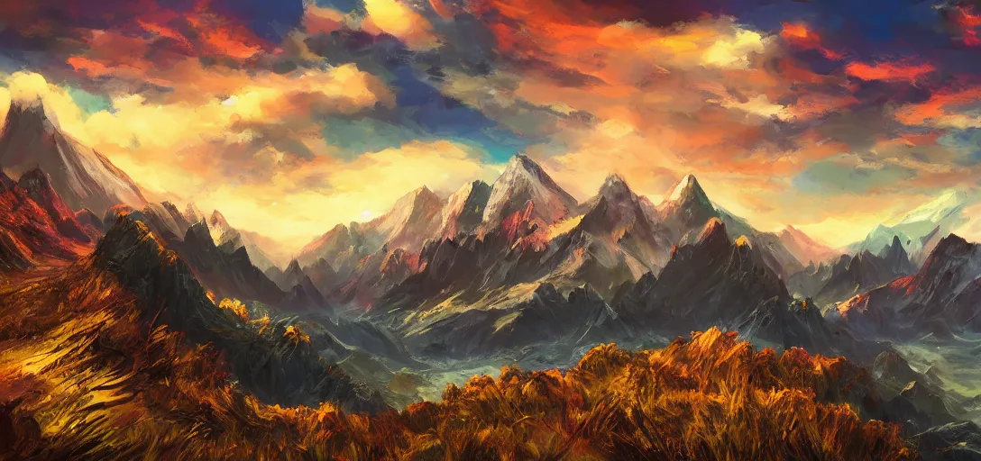 Image similar to vast mountain landscape, craggy mountains, magic the gathering, three - colors, three - color color palette, panoramic, wide angle, horizon, highly detailed