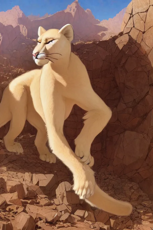 Image similar to A full commission of a male Furry Anthro albino mountain lion Fursona wearing miner's clothes in a desert mine, intricate, elegant, highly detailed, digital painting, artstation, concept art, smooth, sharp focus, illustration, art by Krenz Cushart and Artem Demura and alphonse mucha