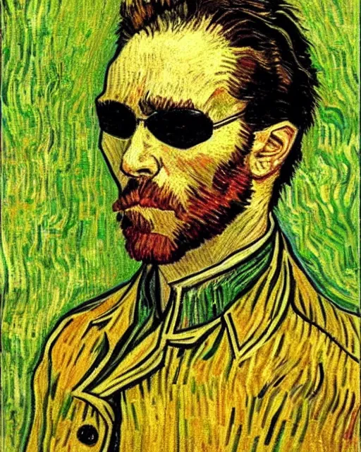 Image similar to The Matrix movie frame in the style of Van Gogh self portrait, face, detailed, sharp focus