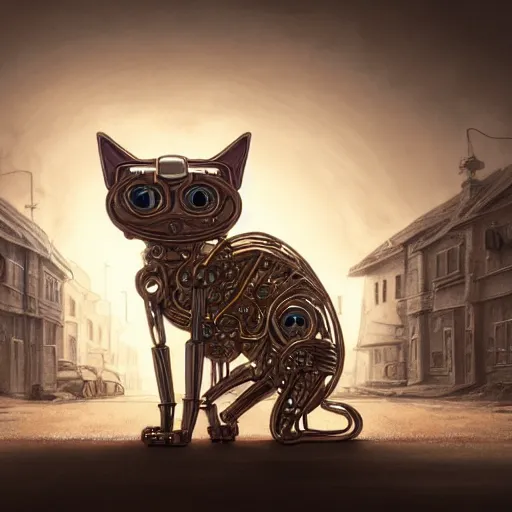 Image similar to gold and silver tones, cybernetic cat in a deserted town, style of moebius, james jean, rutkowski, cinematic, high detail, award winning, 8 k photorealistic