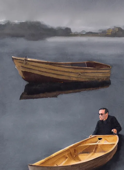 Image similar to a man in a boat in carrick - on - shannon ireland, cinematic, ultra detailed, 8 k, concept art, lisa yuskavage