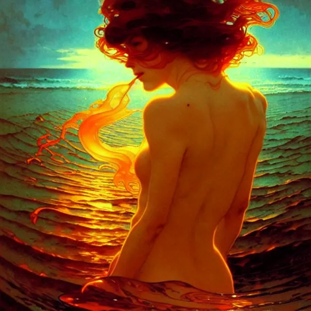 Image similar to mind bending ocean waves of glossy liquid honey drops flowing like psychedelic translucent amber, lsd waves, lsd ripples, backlit, sunset, refracted lighting, art by collier, albert aublet, krenz cushart, artem demura, alphonse mucha