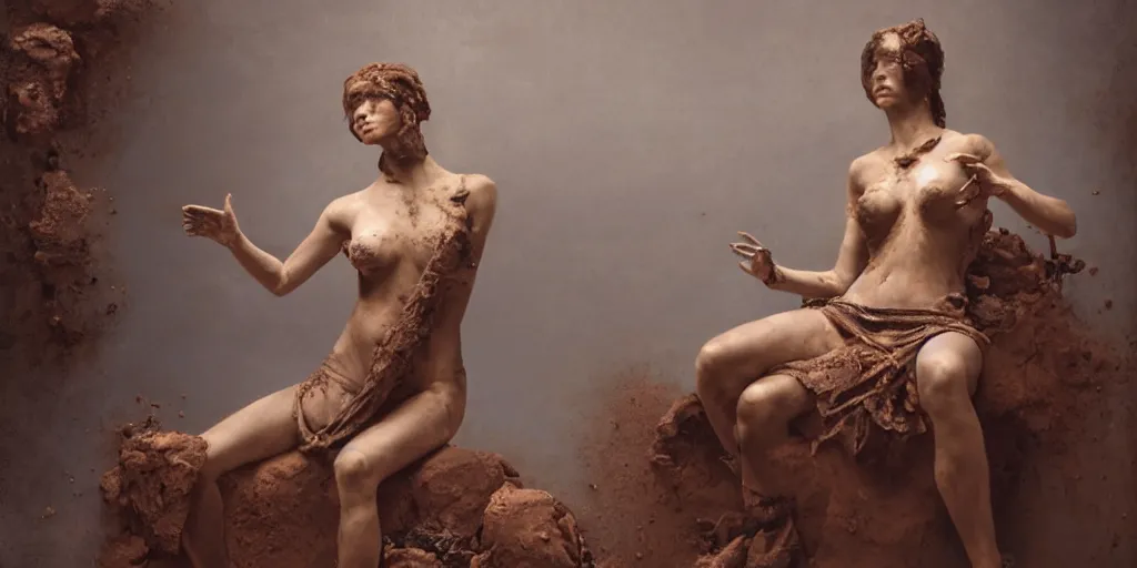 Image similar to highly detailed photography of a woman made of rust clay, dressed in rocks, hand gesture, sharp focus, dust particles, dirt, dramatic scene, aesthetic, dynamic lighting, elegant, harmony, masterpiece, by roberto ferri, blue background, high quality, spatula