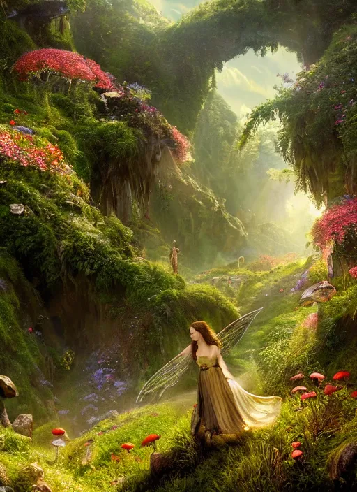 Prompt: an elegant winged fairy in the lord of the rings scenery landscape, playing in a vast lush valley flowers and mushroom structures, stream, sunrise, god's rays highly detailed, vivid color, cinematic lighting, perfect composition, 8 k, gustave dore, derek zabrocki, greg rutkowski, belsinski, octane render