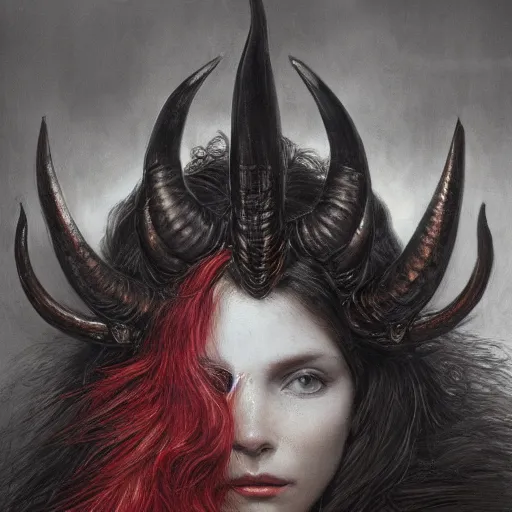 Image similar to a masterpiece! photographic portrait of a scarlet - colored beast with seven ( 7 ) heads and ten ( 1 0 ) horns by gustave dore and stephen hickman and allen williams, trending on artstation, cgsociety, 8 k hd, earthtone colors, a cloaked woman riding the back of the beast