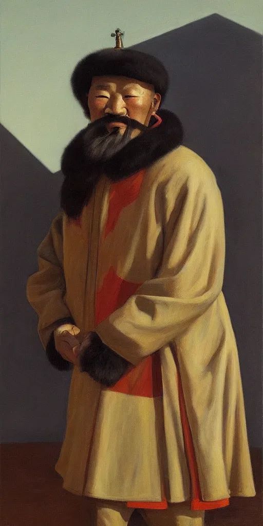 Prompt: a stunning and noble highly detailed portrait of genghis khan by edward hopper, trending on artstation, oil painting masterpiece, symmetry, mysterious, very very very aesthetic