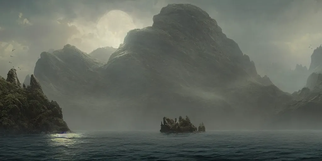 Image similar to establishing shot from a movie, epic matte painting of an island, cinematic cinematography masterpiece, greg rutkowski, and ivan aivazovski, roger deakins