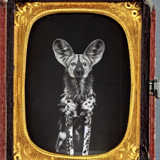 Prompt: A daguerreotype photograph of an African Wild Dog wearing a hat.