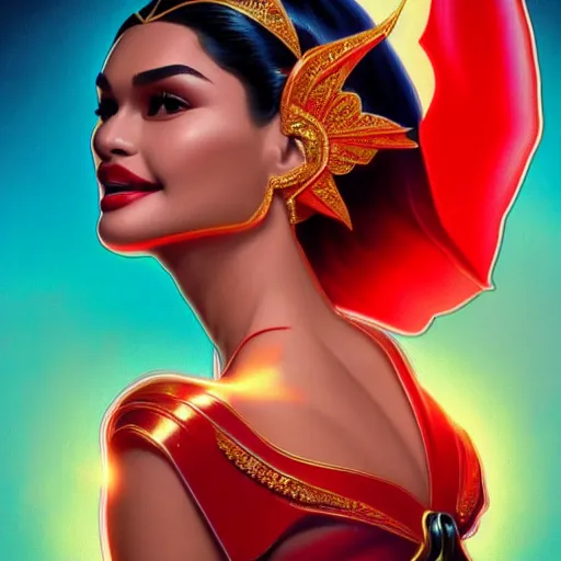 Image similar to pia wurtzbach as darna, wax figure, volumetric lights, red and cyan theme, art nouveau botanicals, intricate, highly detailed, digital painting, artstation, concept art, smooth, sharp focus, cinematic, illustration, beautiful face, art by artgerm and greg rutkowski and alphonse mucha