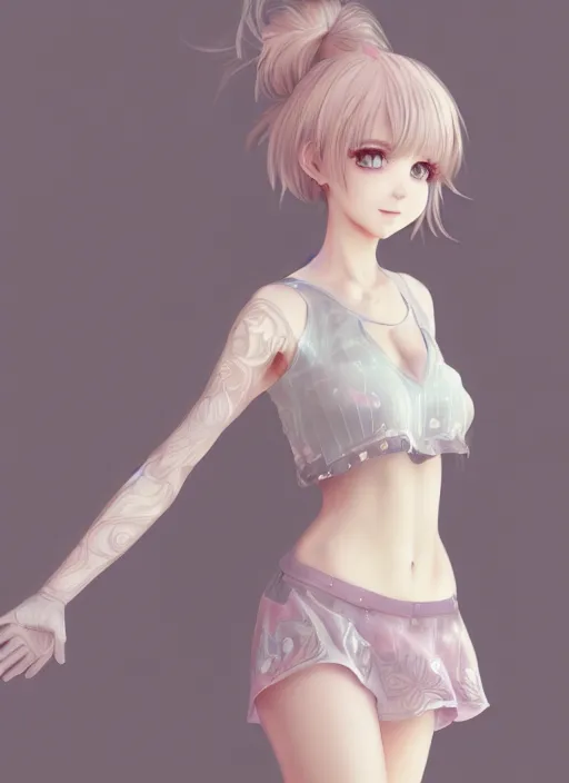 Image similar to the most beautiful cute anime girl full body shot with highly detailed eyes, professional 3 d visualisation in pastel colours, by wlop, intricate linework, trending on artstation, unreal engine 5 highly rendered