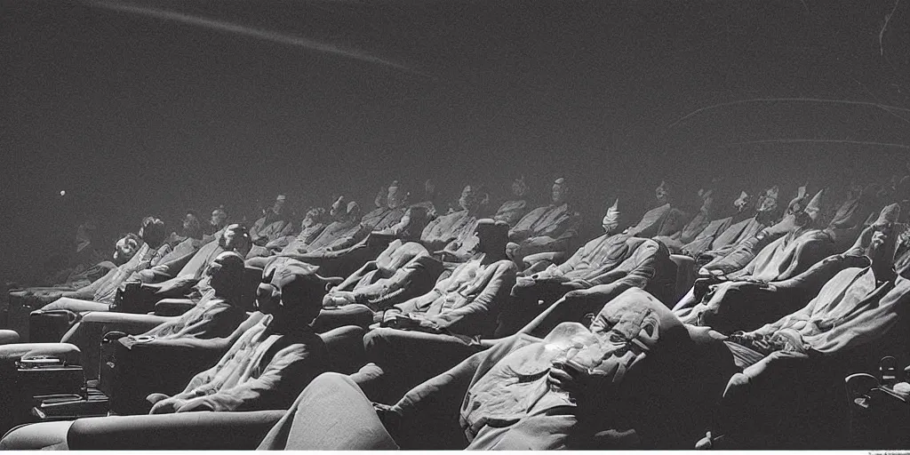 Prompt: cinema audience by moebius, eeg nodes meditation on scalp, amazingly zen and beautiful atmosphere, retro futurism, incredibly engaging cinematic atmosphere, people flying and dreaming,