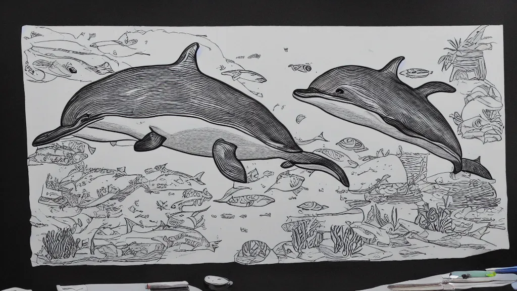 Prompt: line drawing unprofessional dolphin diorama