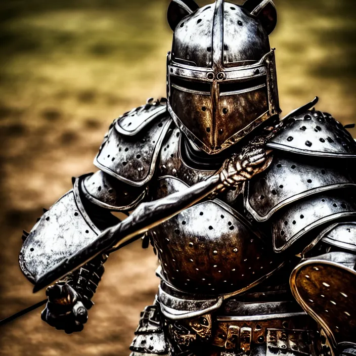 Image similar to photo of a warrior with metal bear themed armour, highly detailed, 4 k, hdr, smooth, sharp focus, high resolution, award - winning photo