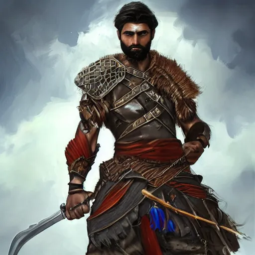 Image similar to kurdish male warrior, highly detailed, digital painting, artstation, concept art, sharp focus, illustration, incredibly strong and handsome