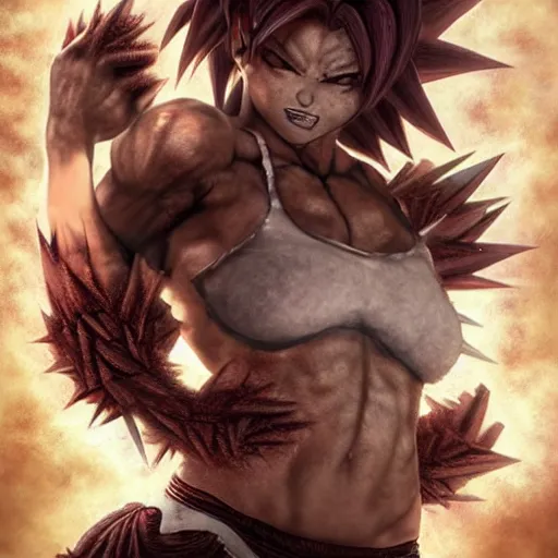 Image similar to fistfight, bloody, warrior girl, muscular girl, wild spiky black saiyan hair, long spiky hair, electrified hair, fistfighting demons, ultra realistic, intricate details, highly detailed, subsurface scattering, photorealistic, octane render, 8 k, art by artgerm, greg rutkowski, magali villeneuve, alphonse mucha