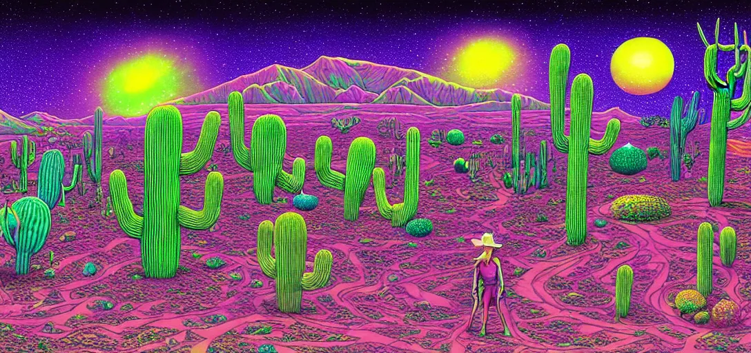 Image similar to A hand drawn digital still of mystical desert with strange ethereal creatures and cactus with a psychedelic night sky, A alien with a sombrero is walking thru the desk drunk drinking a beer in the style of Alex Grey and Moebius, risograph, Artstation HD, 8k, Surrealistic digital artwork,