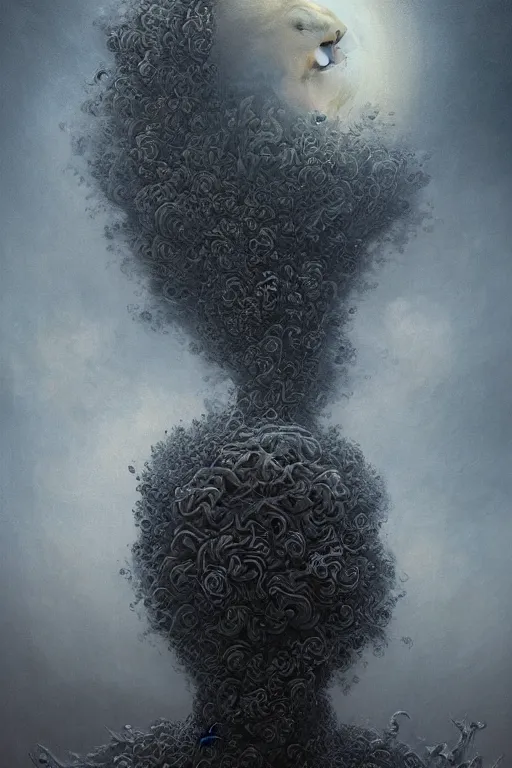 Prompt: Intricate stunning highly detailed humanoid automoton by agostino arrivabene and Vladimir Kush, surreal, digital painting, ultra realistic, Horror vacui, dramatic lighting, full moon, thick black swirling smoke tornado, burning fire embers, artstation