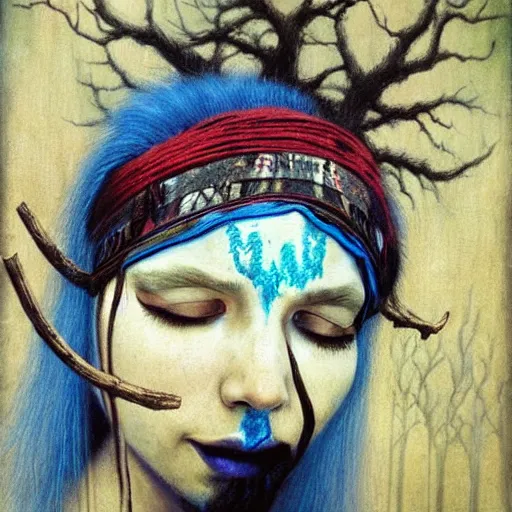 Image similar to A young blindfolded shaman woman with a decorated headband from which blood flows, blue hair and wood on her head. The background is a forest on fire, made by Esao Andrews and Karol Bak and Zdzislaw Beksinski