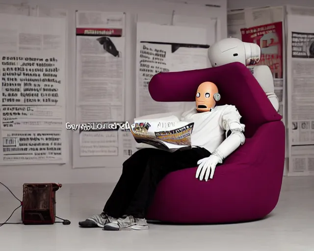 Prompt: Against a white cyc (white cyclorama backdrop) futuristic studious matte brown and red and chrome full-body humanoid robot with two huge round expressive sad purple glowing LED eyes and open rectangular mouth sitting on a large comfortable cushioned 1950s vintage recliner reading a newspaper. open newspaper. full shot Cinematic Movie Photograph, Arri Alexa, Extremely Detailed, smooth, very very clean, white cyc, white background, 8K, octane render, maya render, unreal engine, trending on artstation, DSLR, excellent composition, center frame