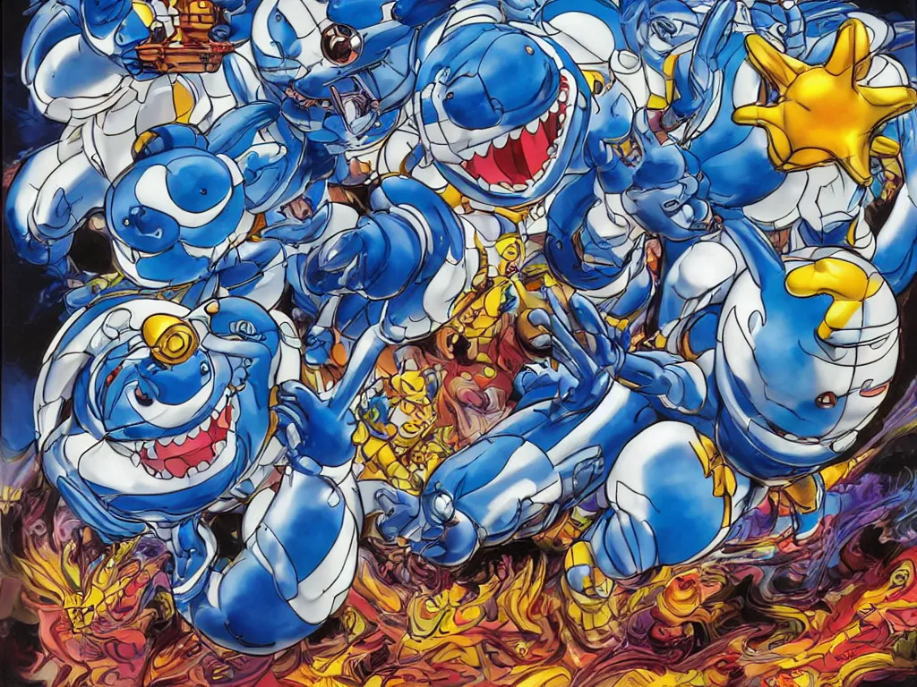 Image similar to Jeff Koons Doraemon Dorami Street Sharks Venom Galaxy Rangers Fractal Dragon statue, in the style of Hajime Sorayama, Max Fleischer, Boris Vallejo, Syd Mead