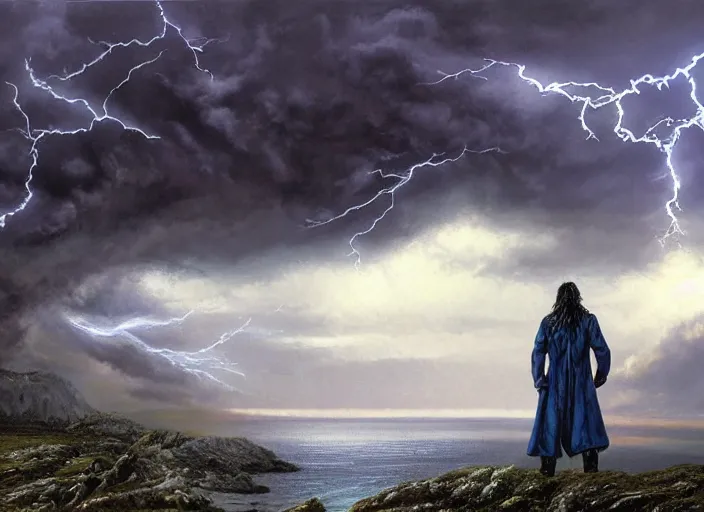 Prompt: a man with a long wavy black hair wearing a long blue coat and stands in the foreground with his back to the viewer. he is on bare rocky ground looking up at an immense approaching lightning storm. roiling dramatic threatening dangerous looming clouds. dramatic fantasy art by michael whelan