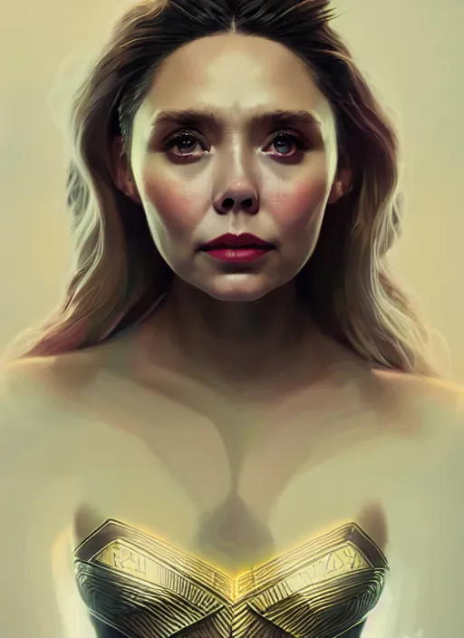 Image similar to portrait of modern darna, elizabeth olsen, intricate, elegant, glowing lights, highly detailed, digital painting, artstation, glamor pose, concept art, smooth, sharp focus, illustration, art by wlop, mars ravelo and greg rutkowski