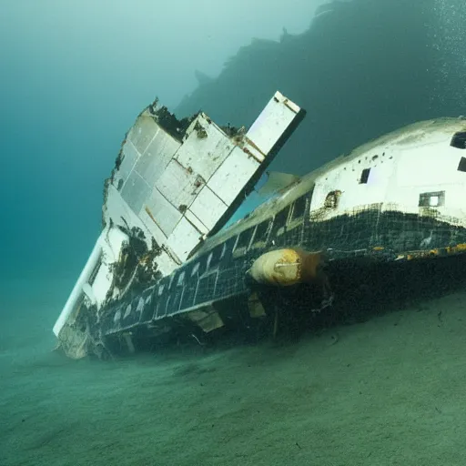 Image similar to the wreck of a Space Shuttle on the bottom of the sea, under water photography, spooky