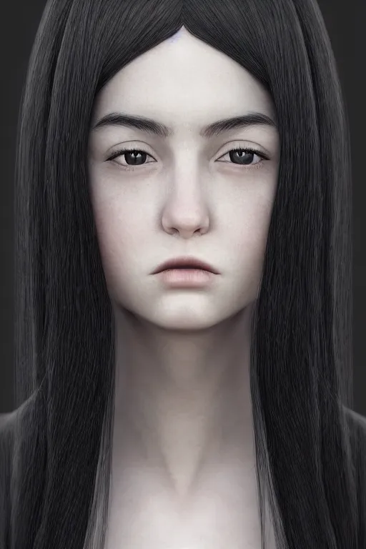 Image similar to picture portrait, young woman's face, long black hair, pale skin, digital render, super-detailed , by Goyo Hashiguchi