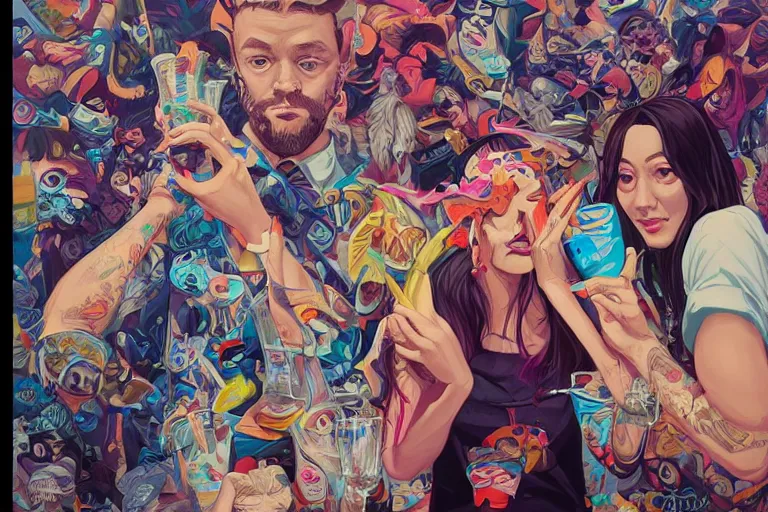 Image similar to Drunks people in bar, Tristan Eaton, victo ngai, artgerm, RHADS, ross draws