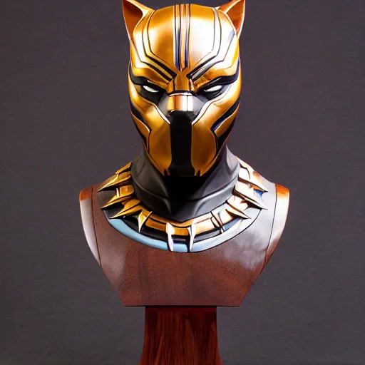 Image similar to a real - world sculpture bust of the black panther marvel character, made of highly polished walnut wood, polished, cedar, polished tiger - wood. photograph, photographic, 3 5 mm