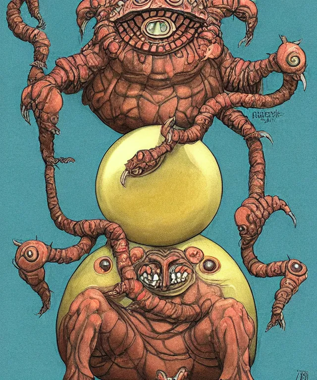 Image similar to hziulquoigmnzhah, the god of cykranosh, ziulquag - manzah has a spheroid body, elongated arms, short legs, and a pendulum - like head dangling underneath. he is the brother of ghisguth, and uncle of tsathoggua, art by keith thompson and christopher lane