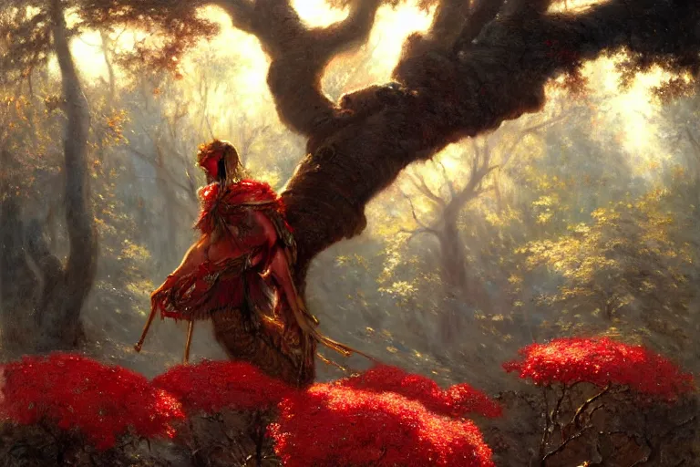 Image similar to winter, a male warrior relaxing under a huge tree with red flowers, sun shining on him, god ray, ground covered with snow, fantasy, painting by gaston bussiere, craig mullins, j. c. leyendecker, trending on artstation