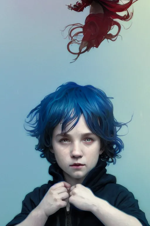 Image similar to portrait of a small boy with black hoodie, blue hair and red horns, luminous scene, by greg rutkowski and alphonse mucha, d & d character, gradient white to cyan, in front of an iridescent background, highly detailed portrait, digital painting, artstation, concept art, smooth, sharp focus ilustration, artstation hq